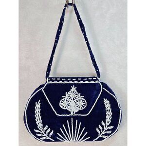 Vtg Navy Blue Velvet Beaded Clutch Handbag Peacock Evening Bohemian Exotic